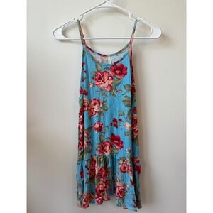 Lime n Chili Blue Floral Ruffle Mini Dress Medium Red Rose Spaghetti Strap